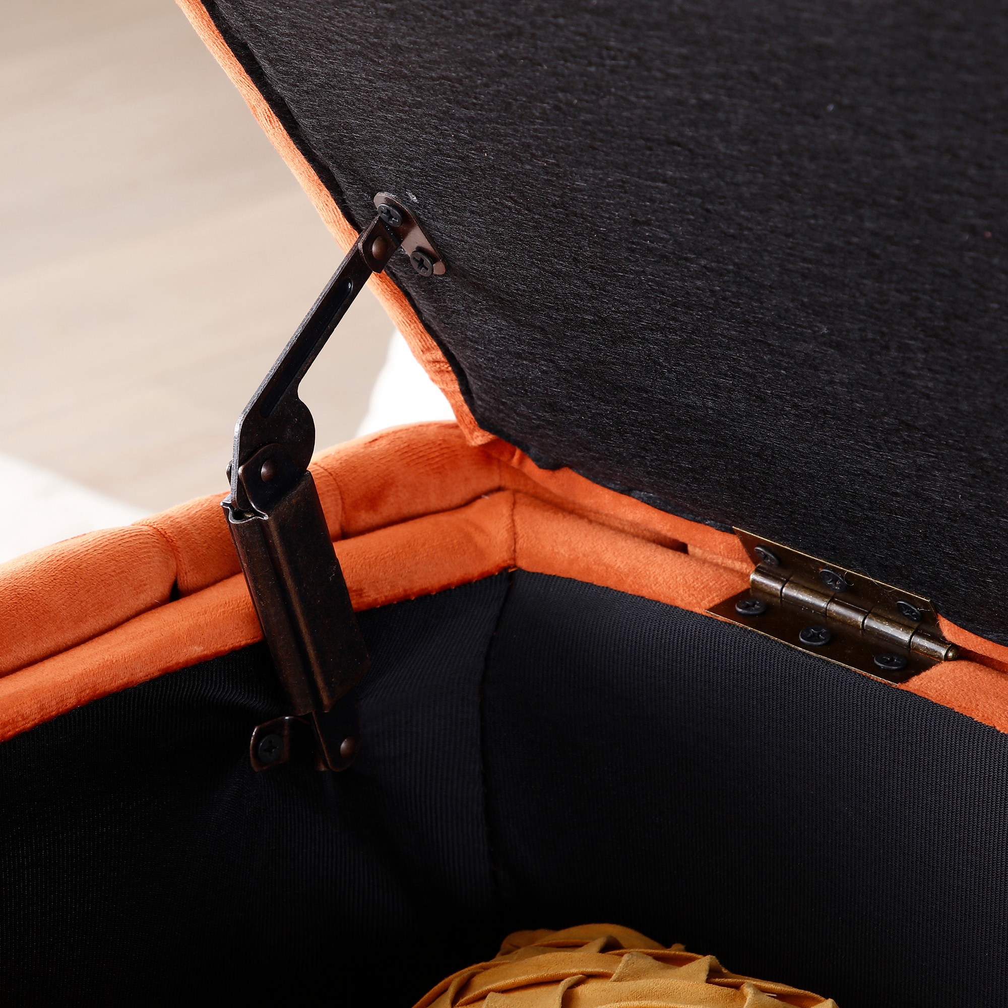 Oval Storage Bench With Gold Legs,Velvet Fabric ,Woven,Upholstered Ottoman Storage Benches For Bedroom End Of Bed,Sherpa Fabric Bench For Living Room,Dining Room,Entryway,Bed Side,Orange,5 Colors_voghion.com